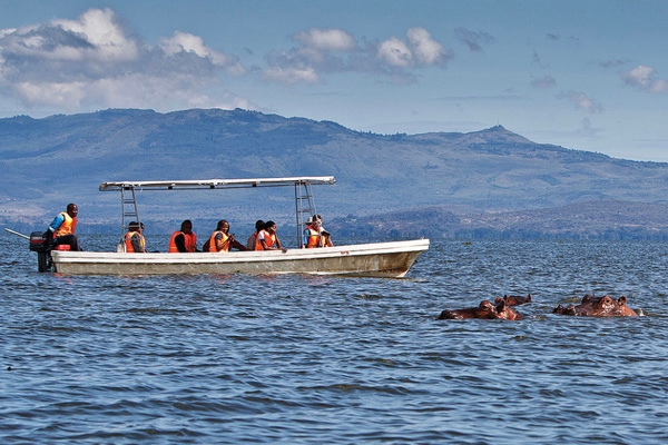 Tourists on a boat in Lake Naivasha, observing hippos in the water