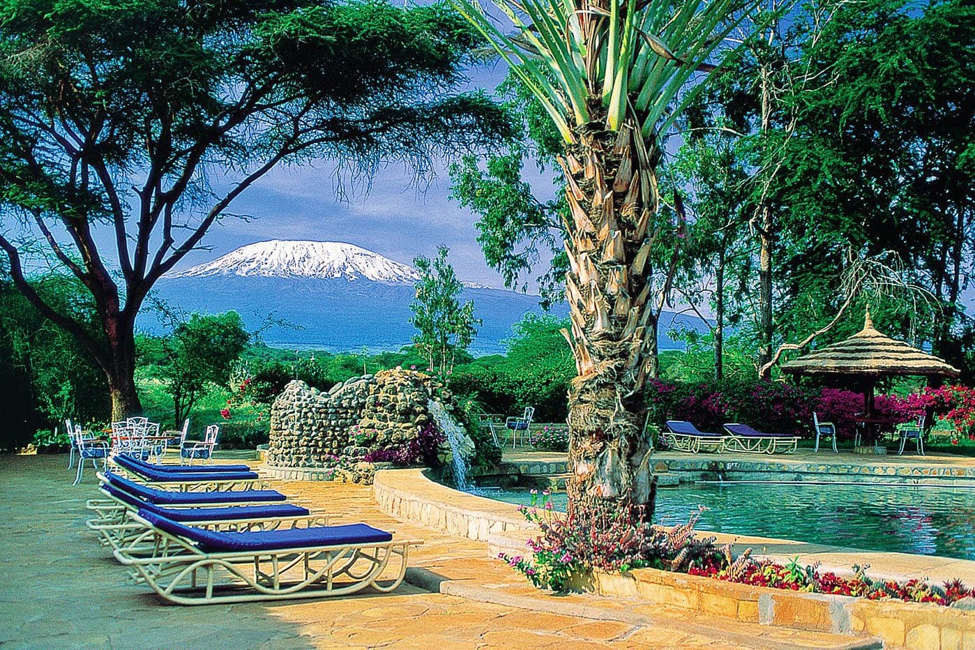 Pool at Amboseli Sopa Lodge, with Mt Kilimanjaro nearby