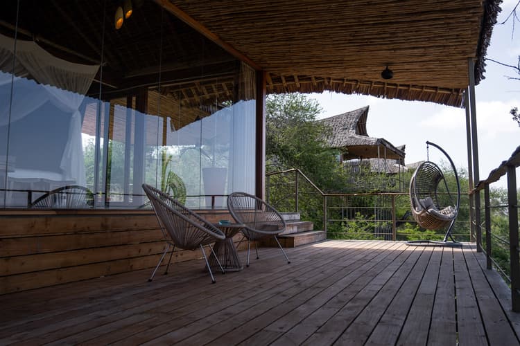 Deck of a room at Lions Bluff Lodge, Tsavo West National Park